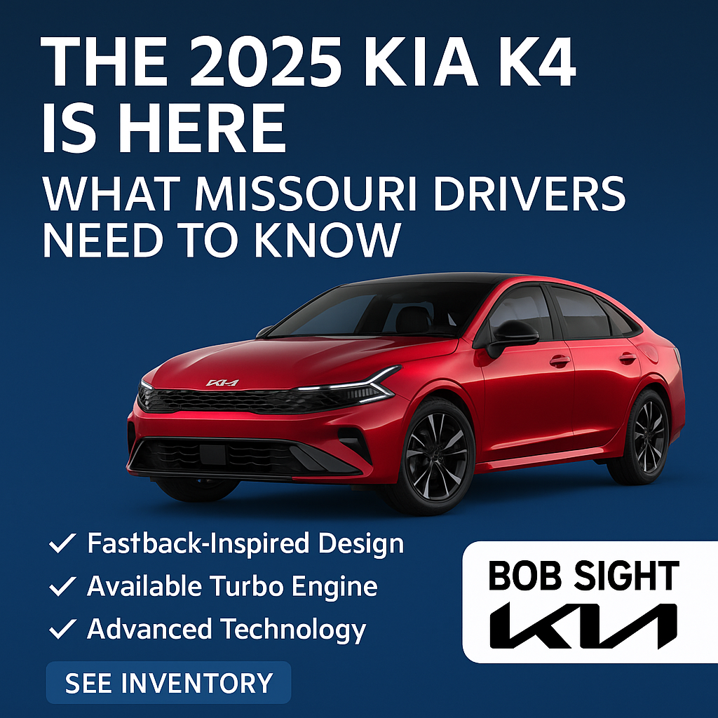 2025 Kia K4 in red with bold text promoting its arrival at Bob Sight Kia in Independence MO, highlighting its fastback design, turbo engine, and advanced tech.