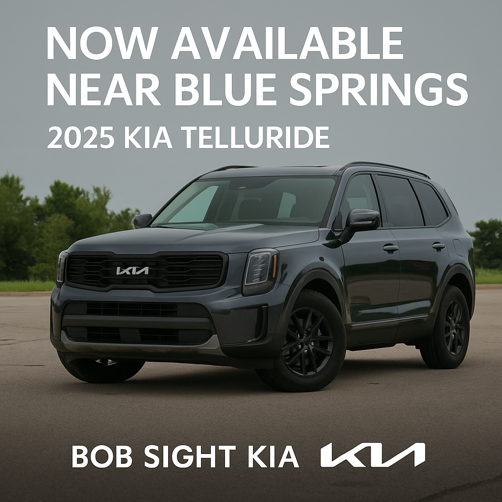 2025 Kia Telluride in dark gray parked on pavement with bold white text reading “Now Available Near Blue Springs – 2025 Kia Telluride” and the Bob Sight Kia logo at the bottom.