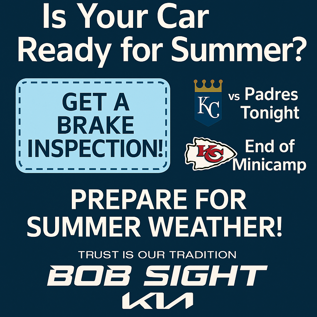 Graphic promoting Bob Sight Kia’s brake service alongside Independence, MO weather and Kansas City Royals and Chiefs updates.