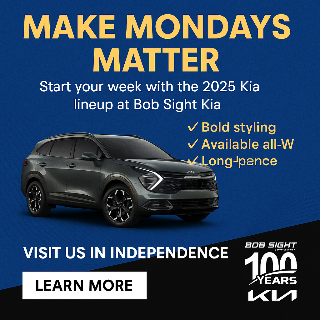 2025 Kia Sportage featured in a sleek digital graphic promoting “Make Mondays Matter” at Bob Sight Kia, with bold text and dealership branding celebrating 100 years.