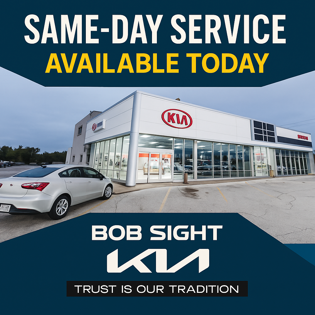 Exterior of Bob Sight Kia dealership with a silver Kia parked in front, overlaid with bold text that reads "Same-Day Service Available Today" and branding that includes the Kia logo, Bob Sight Kia name, and the slogan "Trust is our tradition."