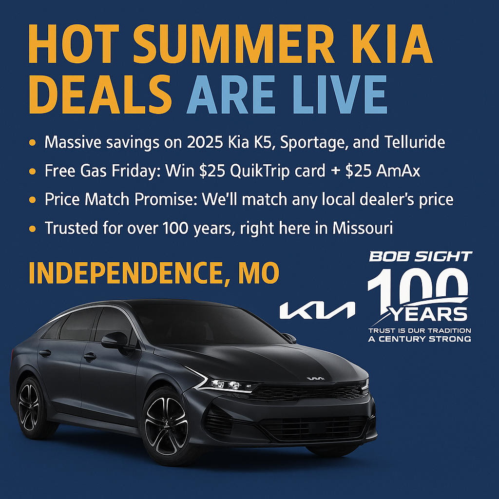 Hot Summer Kia Deals banner from Bob Sight Kia featuring 2025 Kia models, Free Gas Friday promotion, and 100-year anniversary badge.