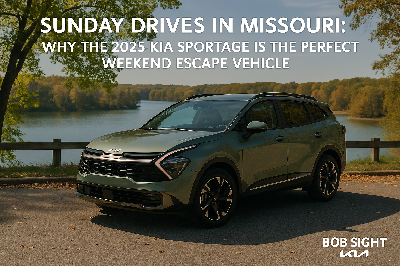 2025 Kia Sportage in metallic green parked at a scenic Missouri overlook with a calm lake and fall foliage in the background, featuring the Bob Sight Kia logo.