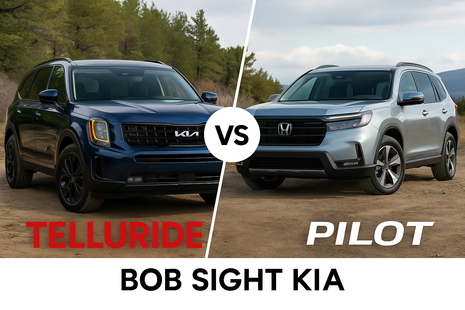 Side-by-side comparison of the 2025 Kia Telluride and 2025 Honda Pilot with Bob Sight Kia branding in a rugged outdoor setting