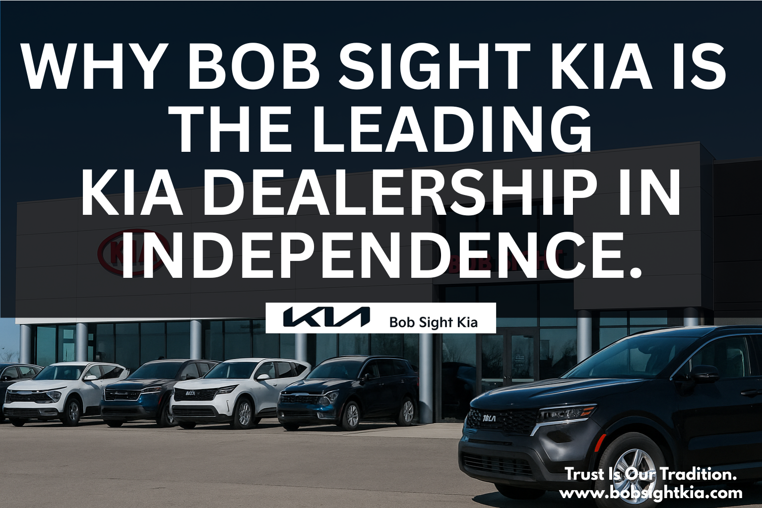 Exterior of Bob Sight Kia dealership in Independence MO, with Kia vehicles parked in front, serving Lee’s Summit, Blue Springs, and the Kansas City Metro.