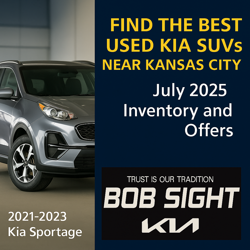 Used Kia Sportage SUV parked in a dealership showroom next to bold text promoting July 2025 SUV deals near Kansas City at Bob Sight Kia.