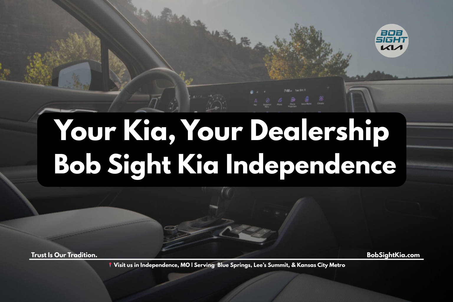 The interior of a Kia outside of Bob Sight Kia dealership in Independence MO highlighting trusted Kia sales and service for Kansas City drivers