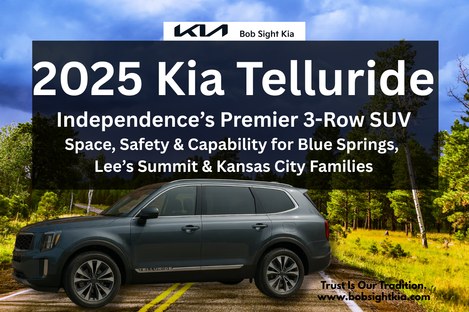 Kia Telluride SUV lineup at Bob Sight Kia in Independence MO, showcasing trims for Kansas City Metro families parked outside.