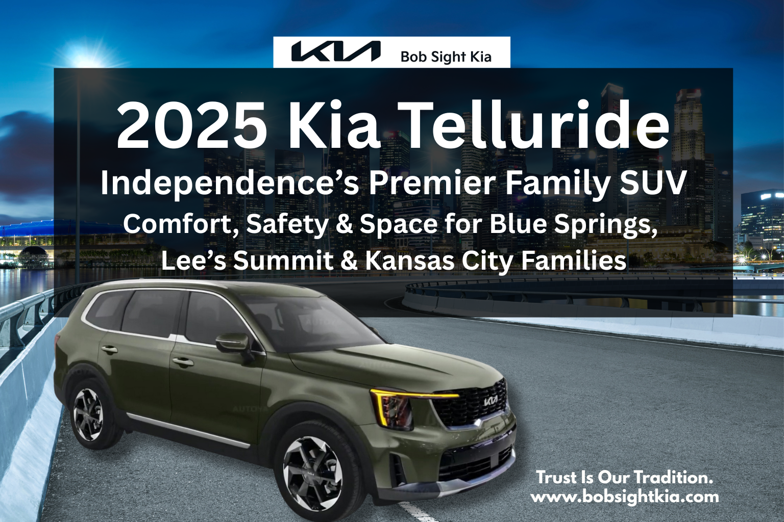 2025 Kia Telluride SUV lineup parked at Bob Sight Kia in Independence MO, highlighting trims and features for Kansas City families.