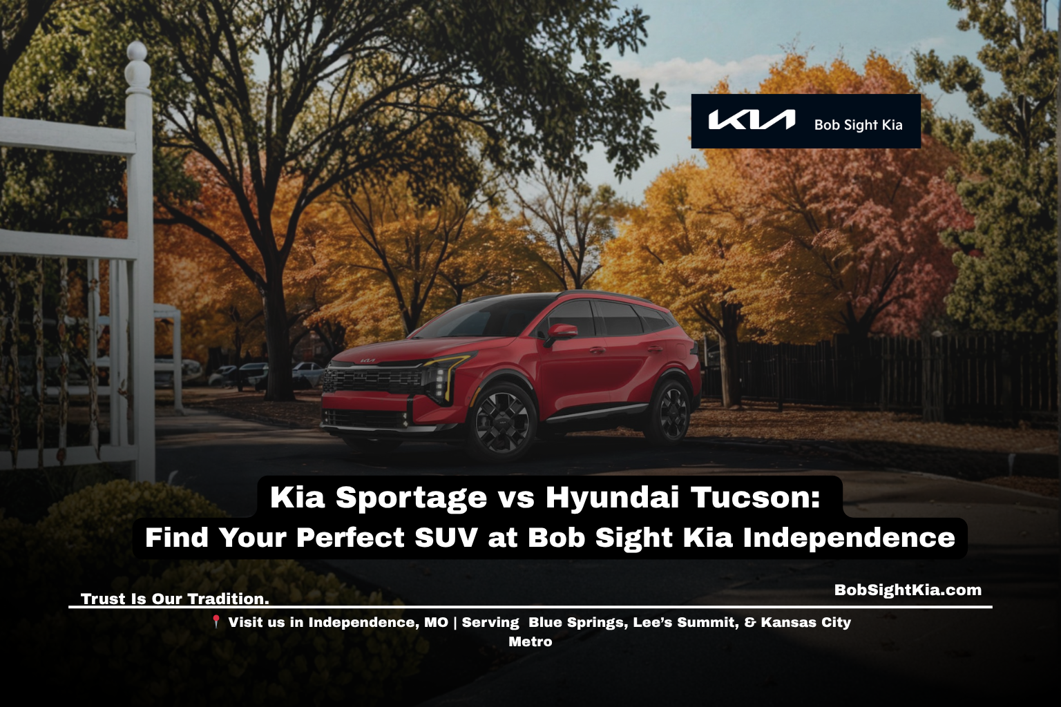Kia Sportage SUV parked near Kansas City skyline at Bob Sight Kia Independence