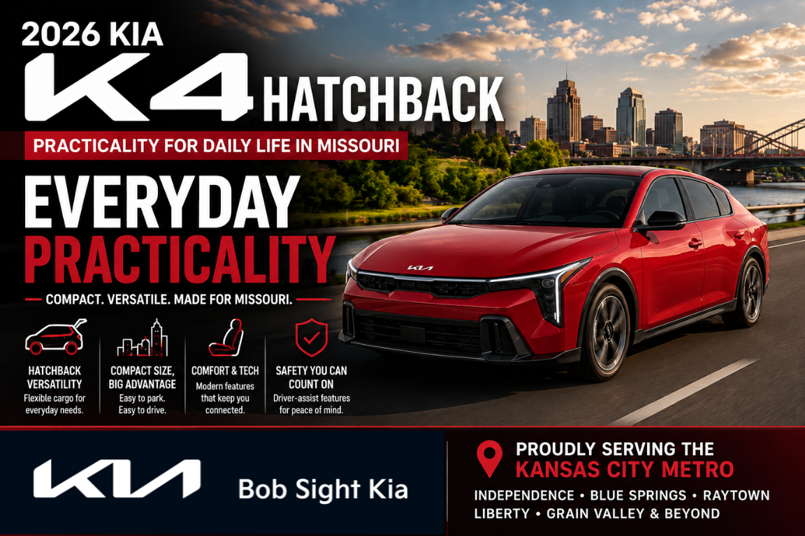 Bob Sight Kia 2026 Kia K4 Hatchback in red driving through the Kansas City skyline, showcasing everyday practicality, hatchback versatility, modern technology, and advanced safety features for drivers in Independence, MO and the Kansas City Metro.