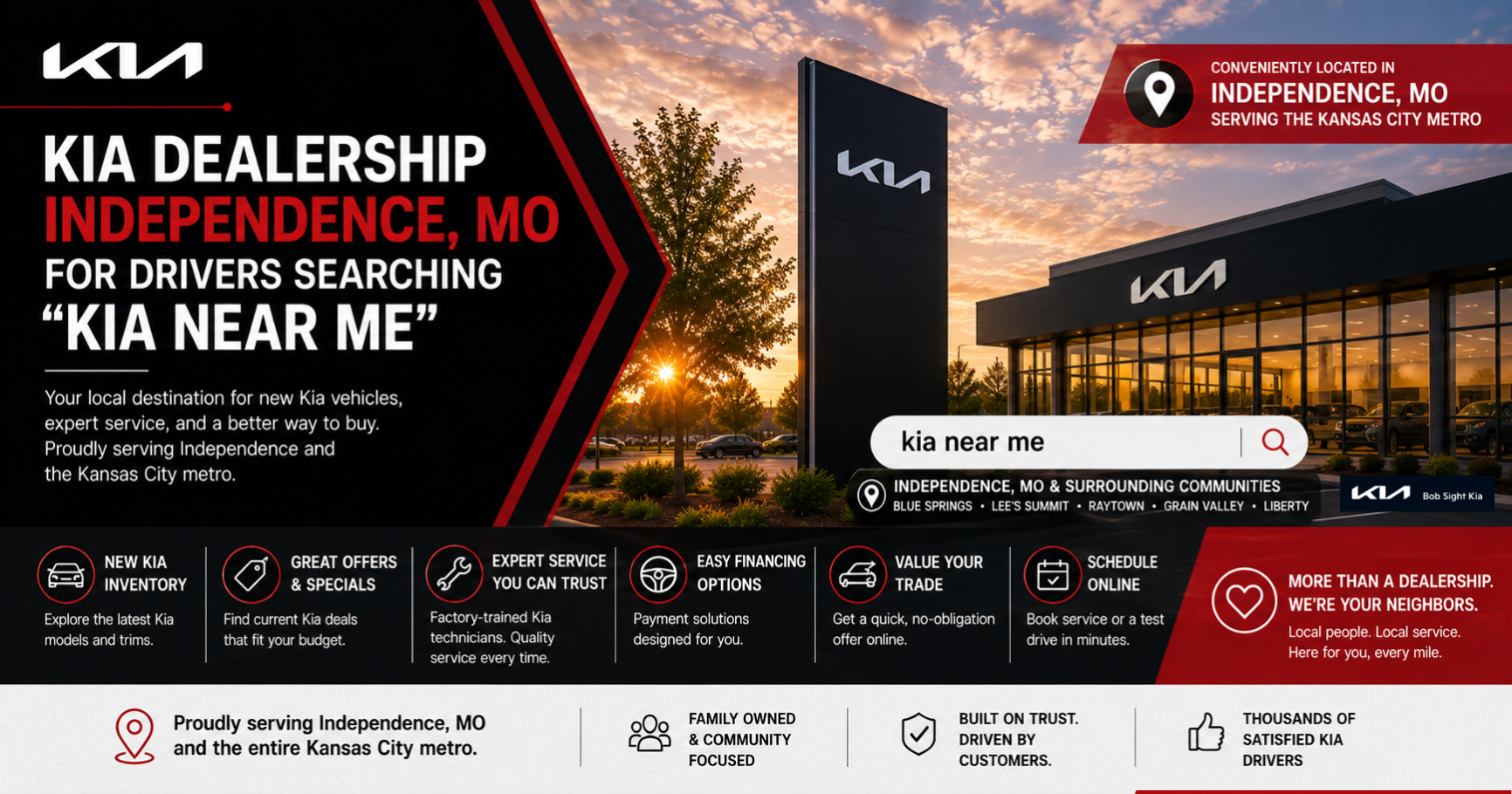 Bob Sight Kia dealership in Independence, MO featuring a modern Kia showroom, new Kia inventory, expert service, financing options, and a convenient location for drivers searching for a Kia dealership near the Kansas City Metro.