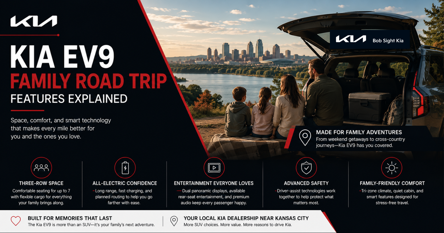 Bob Sight Kia Kia EV9 with a family enjoying a scenic overlook near Kansas City, highlighting three-row seating, all-electric capability, advanced safety, and family-friendly road trip features for drivers in Independence, MO and the Kansas City Metro.