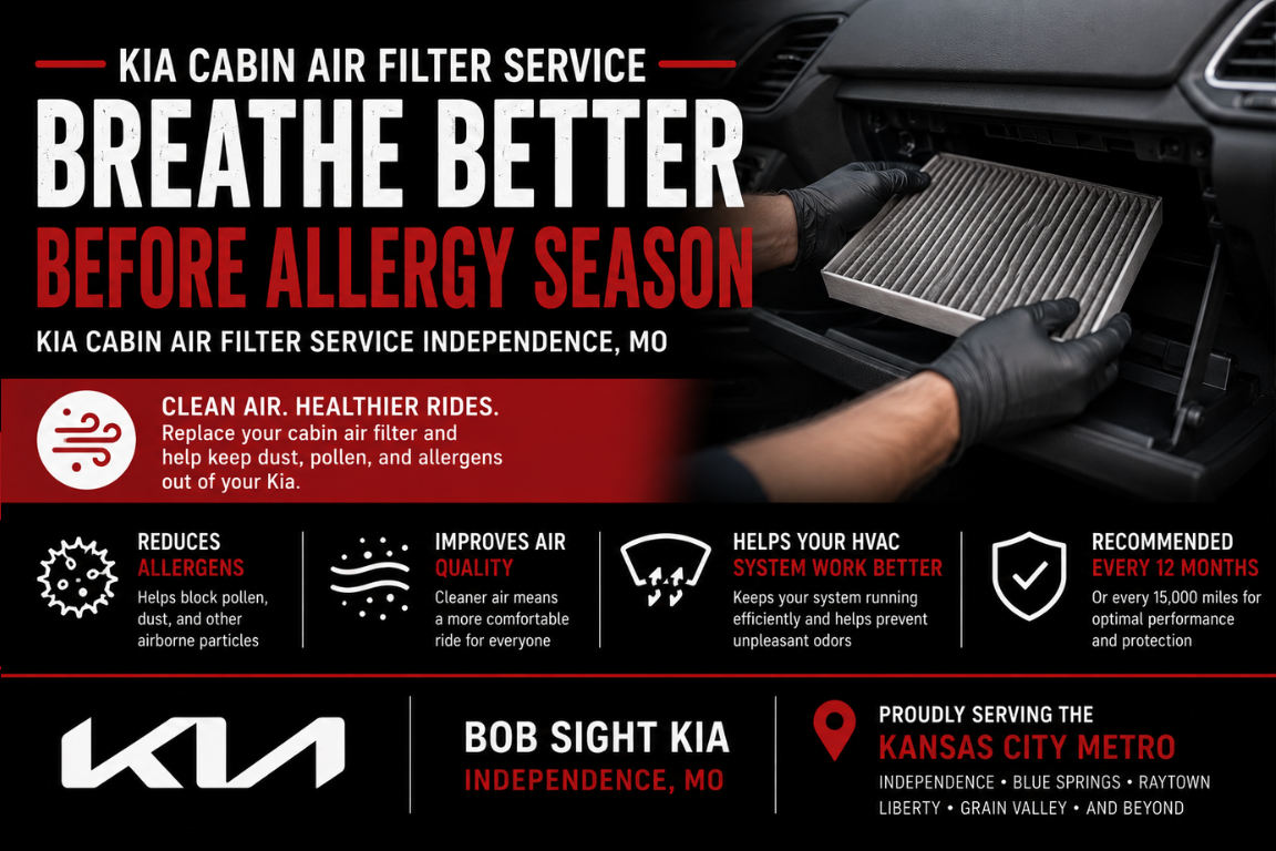Bob Sight Kia technician replacing a Kia cabin air filter, highlighting cleaner cabin air, improved HVAC performance, and seasonal maintenance for drivers in Independence, MO and the Kansas City Metro.