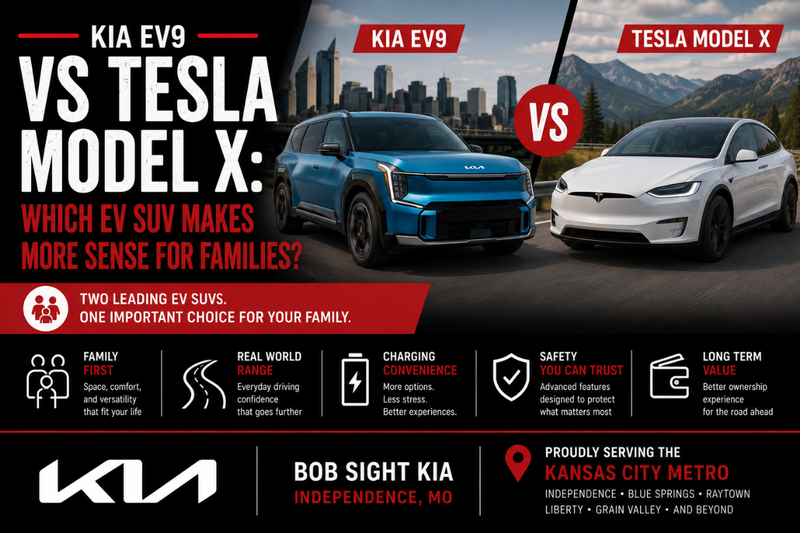 Bob Sight Kia comparison of the Kia EV9 and Tesla Model X, highlighting family-friendly space, safety, charging convenience, and long-term value for EV shoppers in Independence, MO and the Kansas City Metro.
