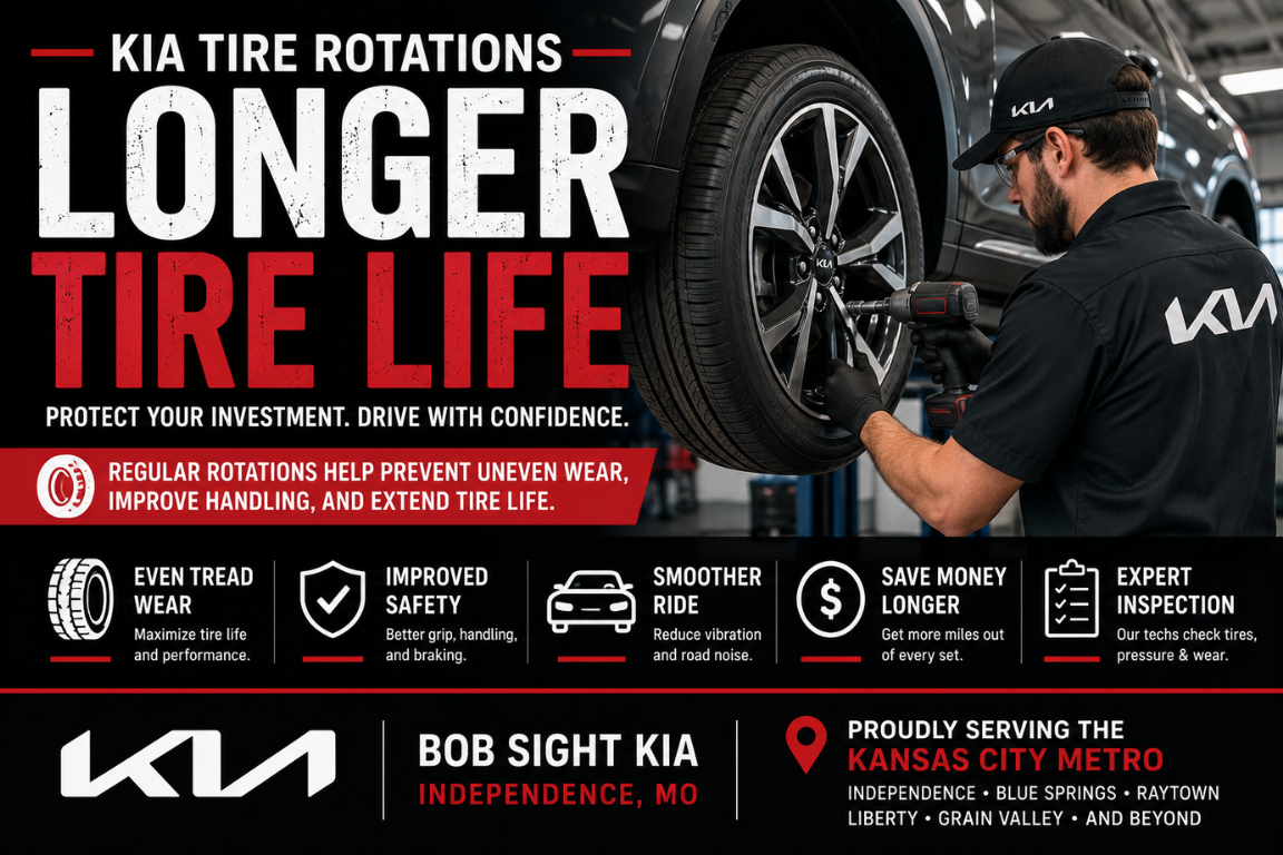 Bob Sight Kia technician performing a tire rotation on a Kia SUV, highlighting longer tire life, even tread wear, improved safety, and expert tire service for drivers in Independence, MO and the Kansas City Metro.