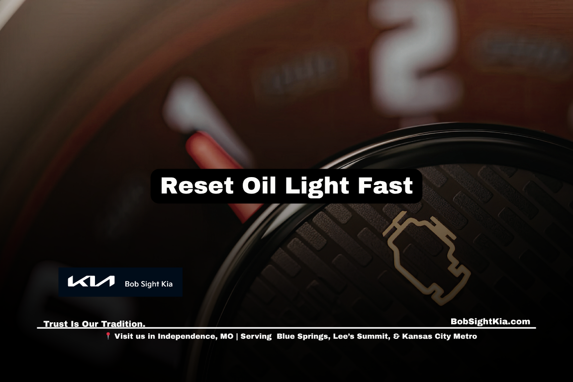 Driver resetting Kia oil change light using dashboard controls in Independence Missouri for Kansas City Metro maintenance tracking