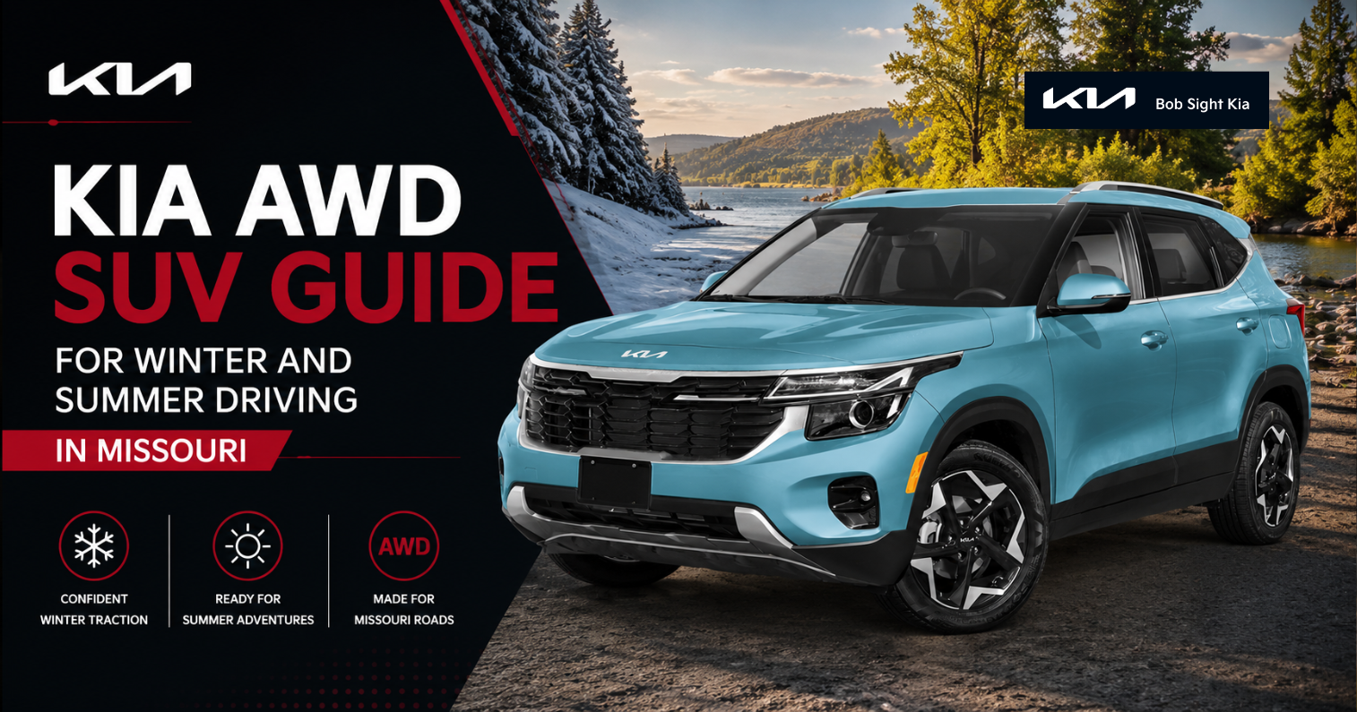 Bob Sight Kia Kia Seltos AWD SUV on a scenic Missouri roadway, highlighting all-wheel drive capability, winter traction, and year-round confidence for drivers in Independence, MO and the Kansas City Metro.