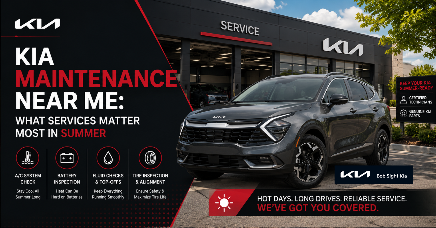 Bob Sight Kia Kia Sportage parked outside the Bob Sight Kia service center, highlighting summer Kia maintenance, A/C service, battery inspections, fluid checks, and tire care for drivers in Independence, MO and the Kansas City Metro.