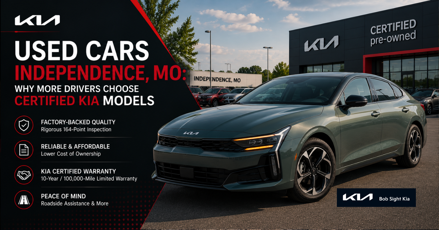 Bob Sight Kia certified pre-owned Kia sedan at the dealership in Independence, MO, highlighting factory-backed quality, warranty coverage, and affordable used cars for drivers in the Kansas City Metro.