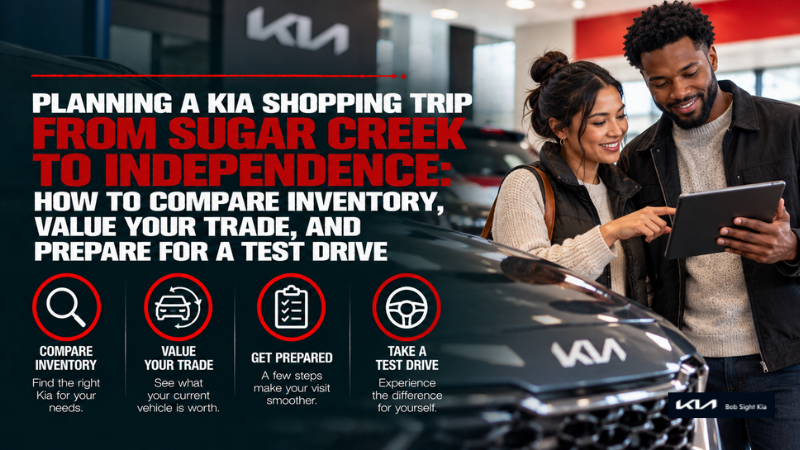 Plan your Kia shopping trip from Sugar Creek to Independence. Compare inventory, prepare your trade, review financing, and schedule focused test drives.