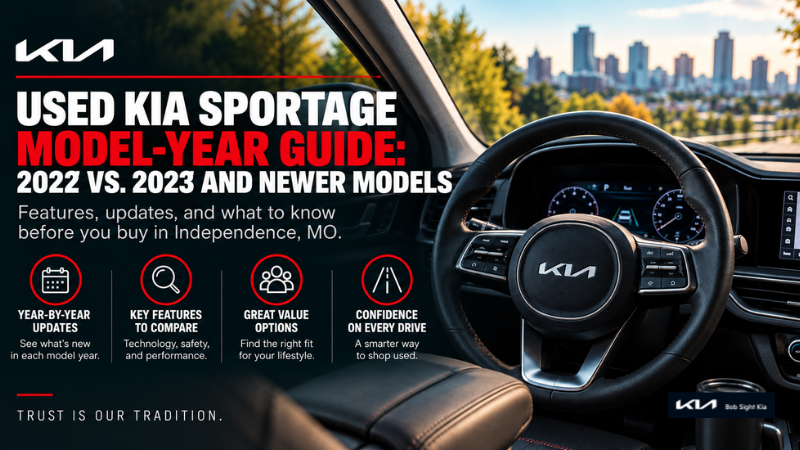 Used Kia Sportage interior for 2022 vs. 2023 and newer model-year comparison at Bob Sight Kia in Independence, MO.
