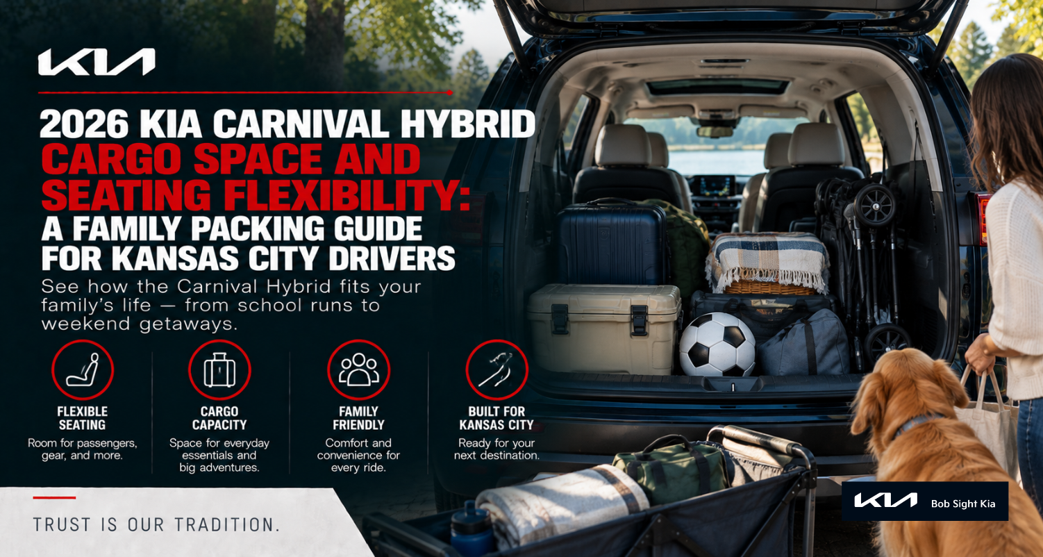 See 2026 Kia Carnival Hybrid cargo space, seating flexibility, and family packing options for Independence and Kansas City drivers.