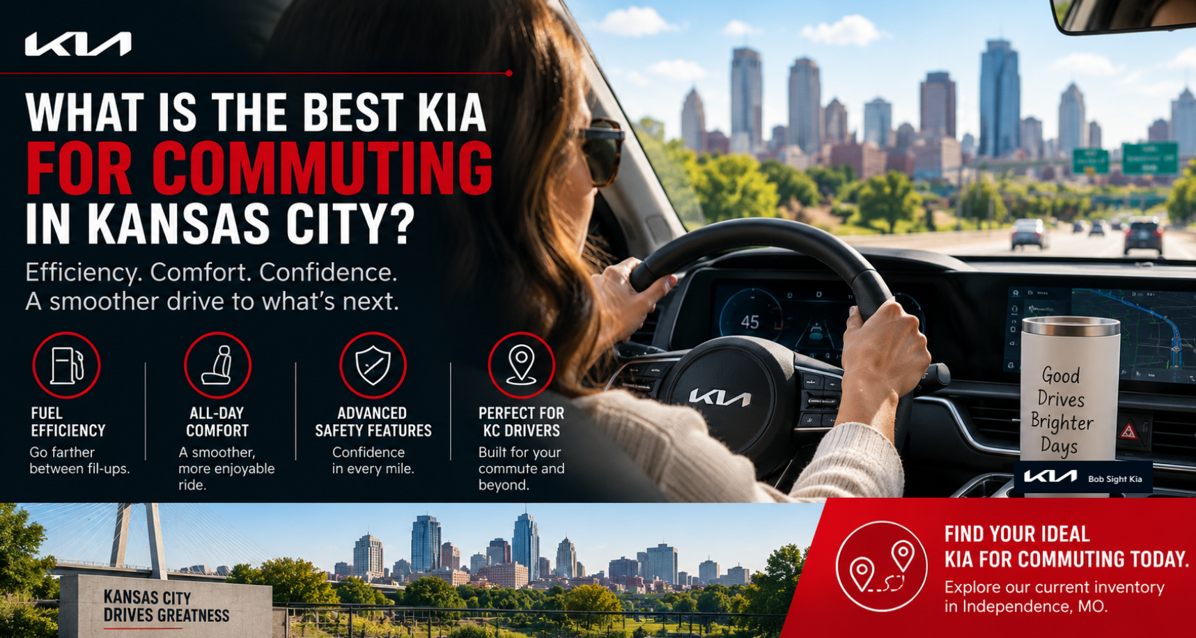 Kia commuter vehicle in a suburban driving setting representing daily travel between Independence, Missouri and the Kansas City Metro