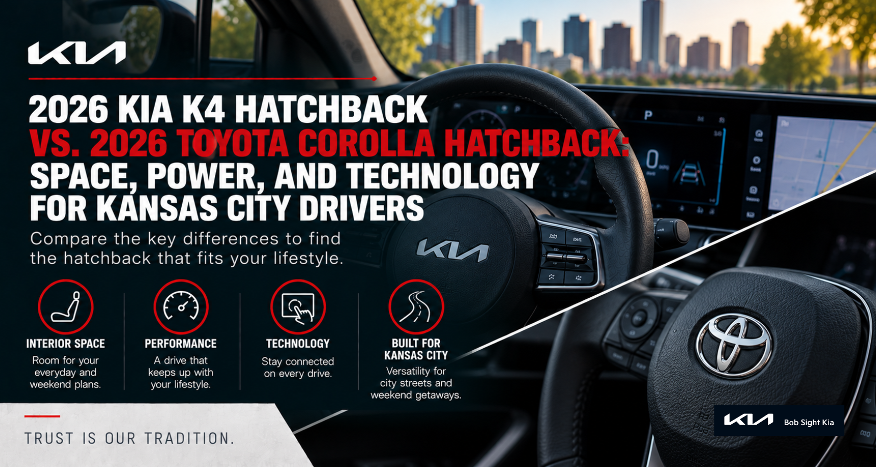 Interior, cargo, and performance details comparing the 2026 Kia K4 Hatchback with the 2026 Toyota Corolla Hatchback