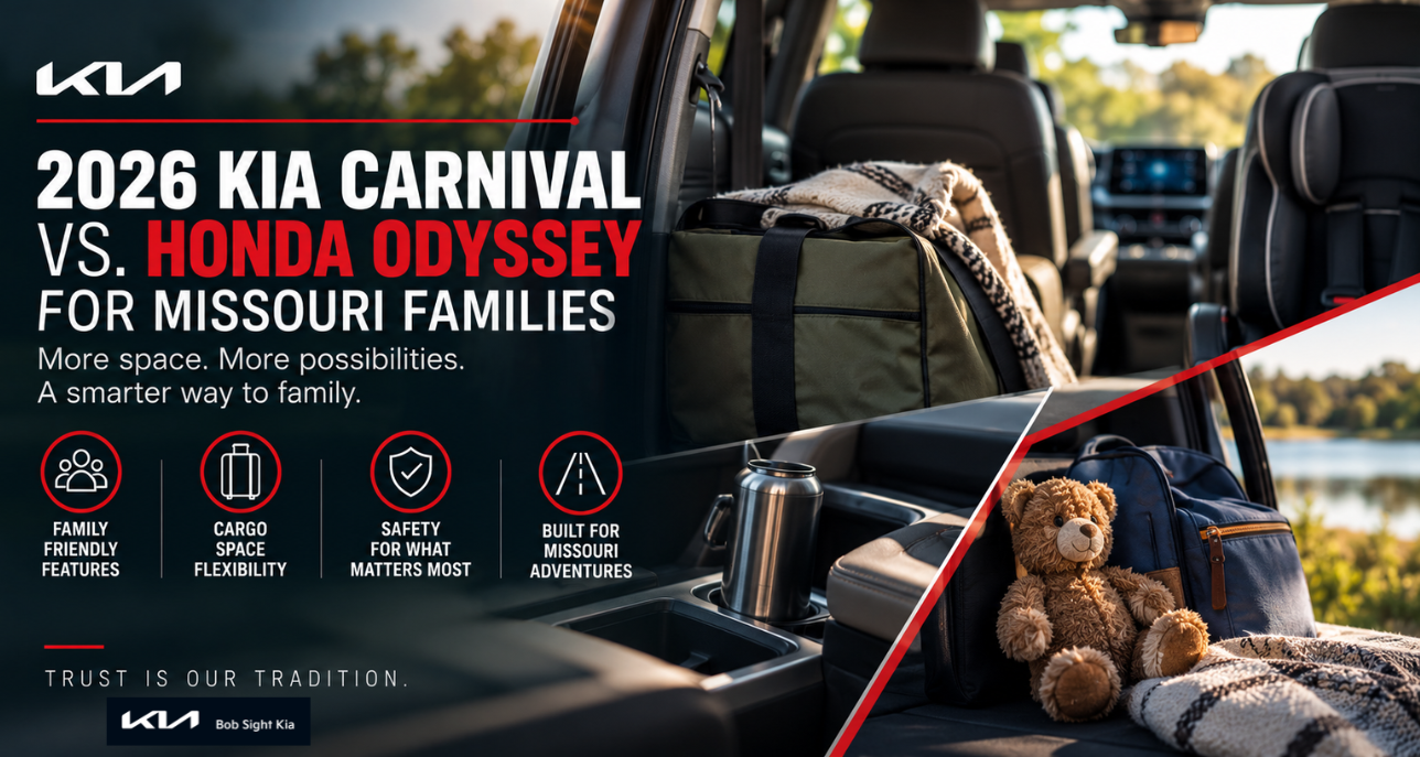 Missouri family loading a modern minivan for a 2026 Kia Carnival vs. Honda Odyssey comparison from Bob Sight Kia in Independence MO