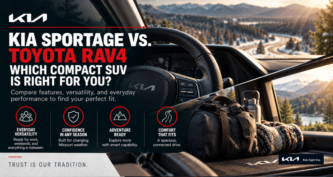 Compact SUV interior and cargo details representing a 2026 Kia Sportage vs. Toyota RAV4 comparison from Bob Sight Kia in Independence Missouri