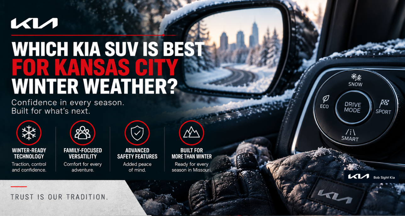 Close-up of a Kia SUV wheel on a snowy Kansas City road for a winter weather model guide from Bob Sight Kia in Independence Missouri