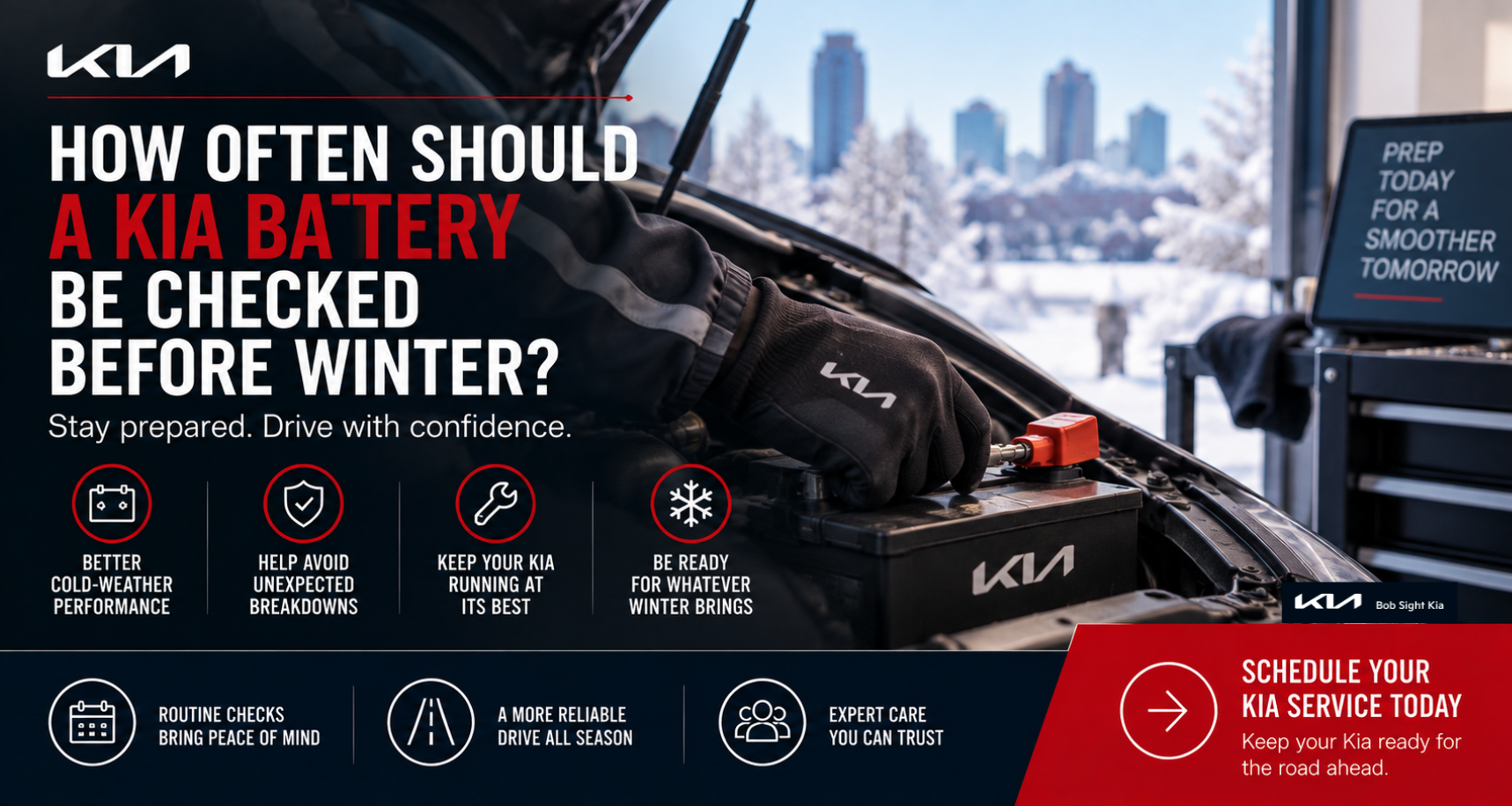 Bob Sight Kia service technician conducting a digital cold weather battery check in Independence MO