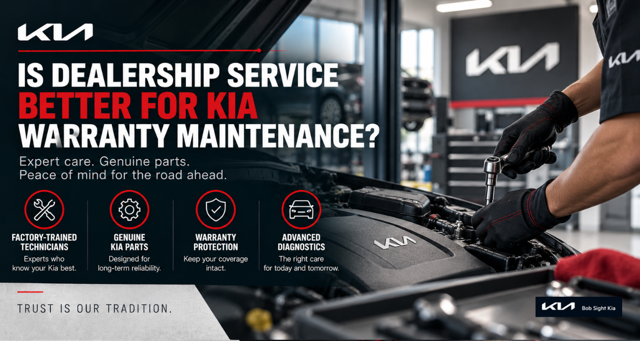 Kia service technician performing warranty maintenance in a professional service bay at Bob Sight Kia in Independence Missouri