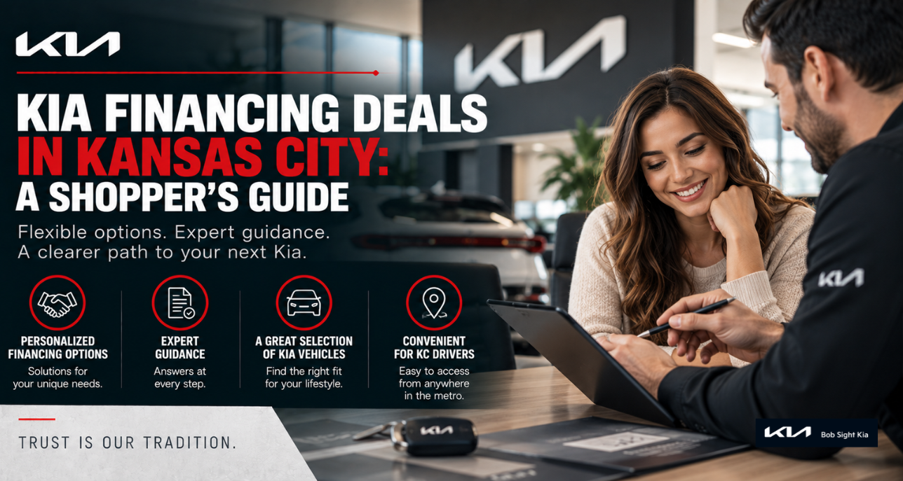 Kansas City-area shopper reviewing Kia financing options with a specialist at Bob Sight Kia in Independence, Missouri