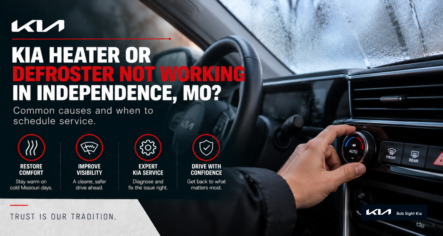 Kia dashboard defroster controls clearing a fogged windshield during cold weather near Independence, Missouri