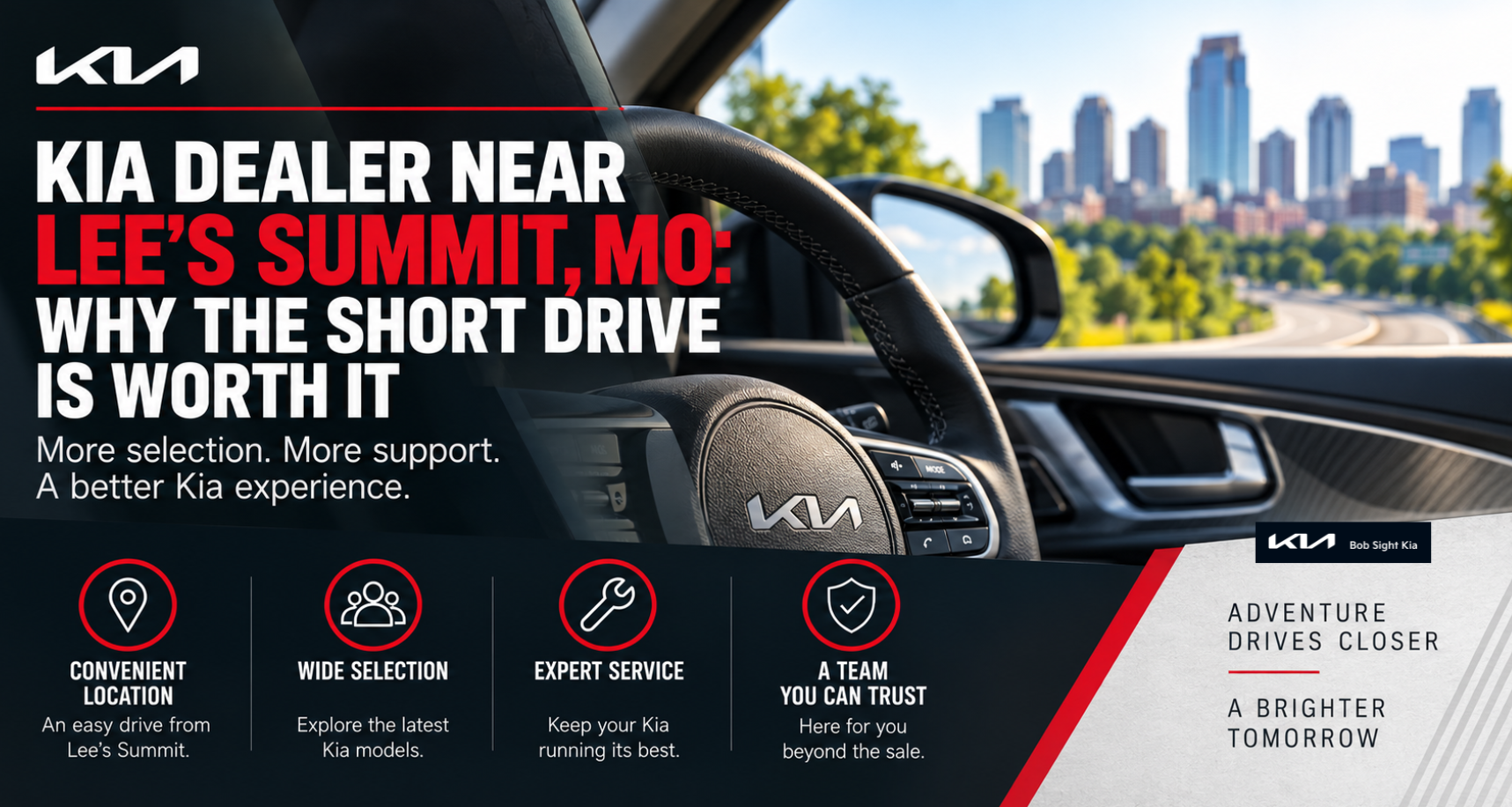 Find a Kia dealer near Lee’s Summit, MO and see why Bob Sight Kia in Independence is worth the short drive for inventory, service, financing, and support.