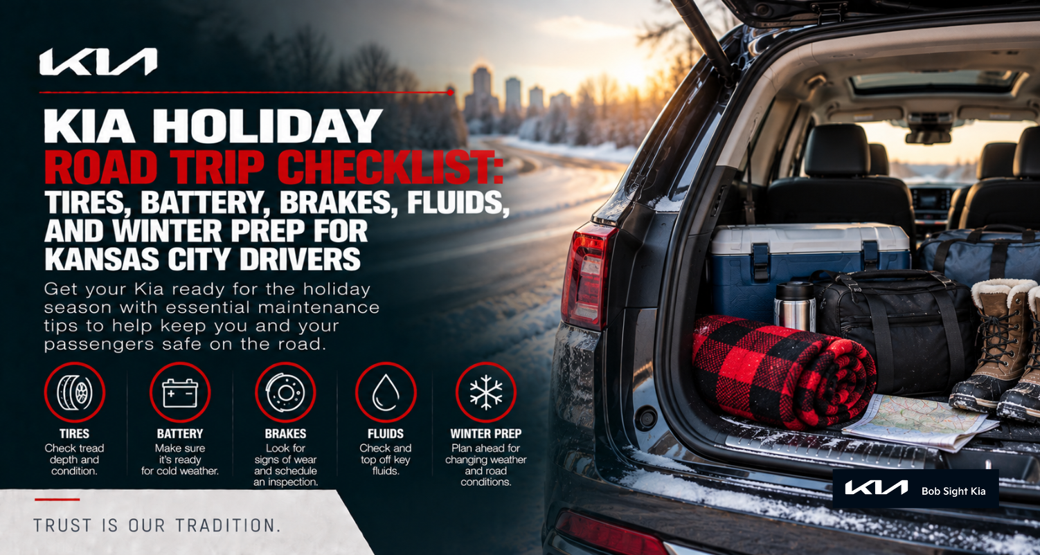 Prepare your Kia for holiday travel with tire, battery, brake, fluid, and winter checks for Independence and Kansas City drivers.