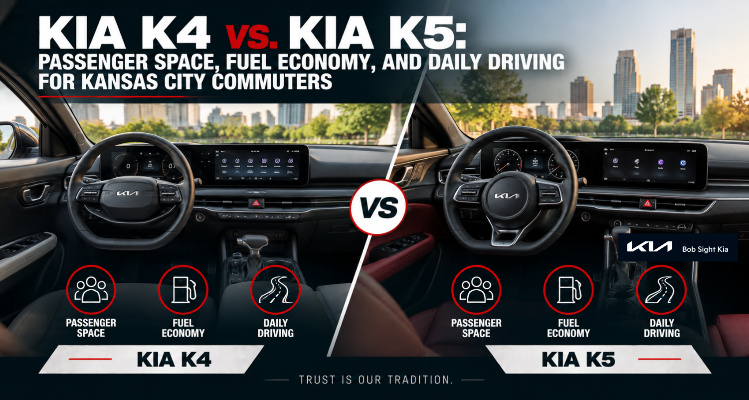 Compare Kia K4 vs. Kia K5 passenger space, fuel economy, performance, and daily driving features for Independence and Kansas City commuters.