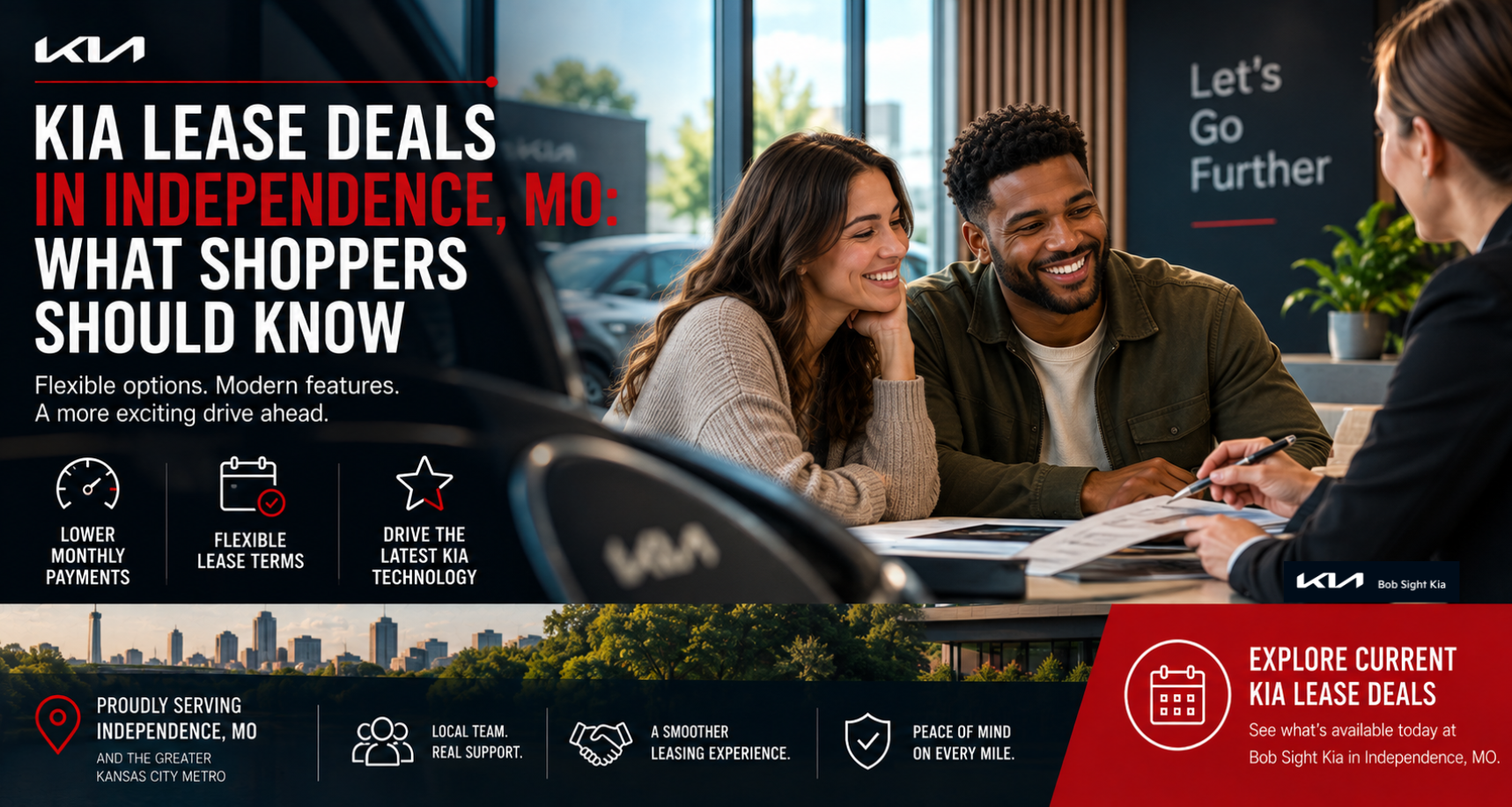 Bob Sight Kia dealership lot in Independence MO featuring new Kia lease deal models