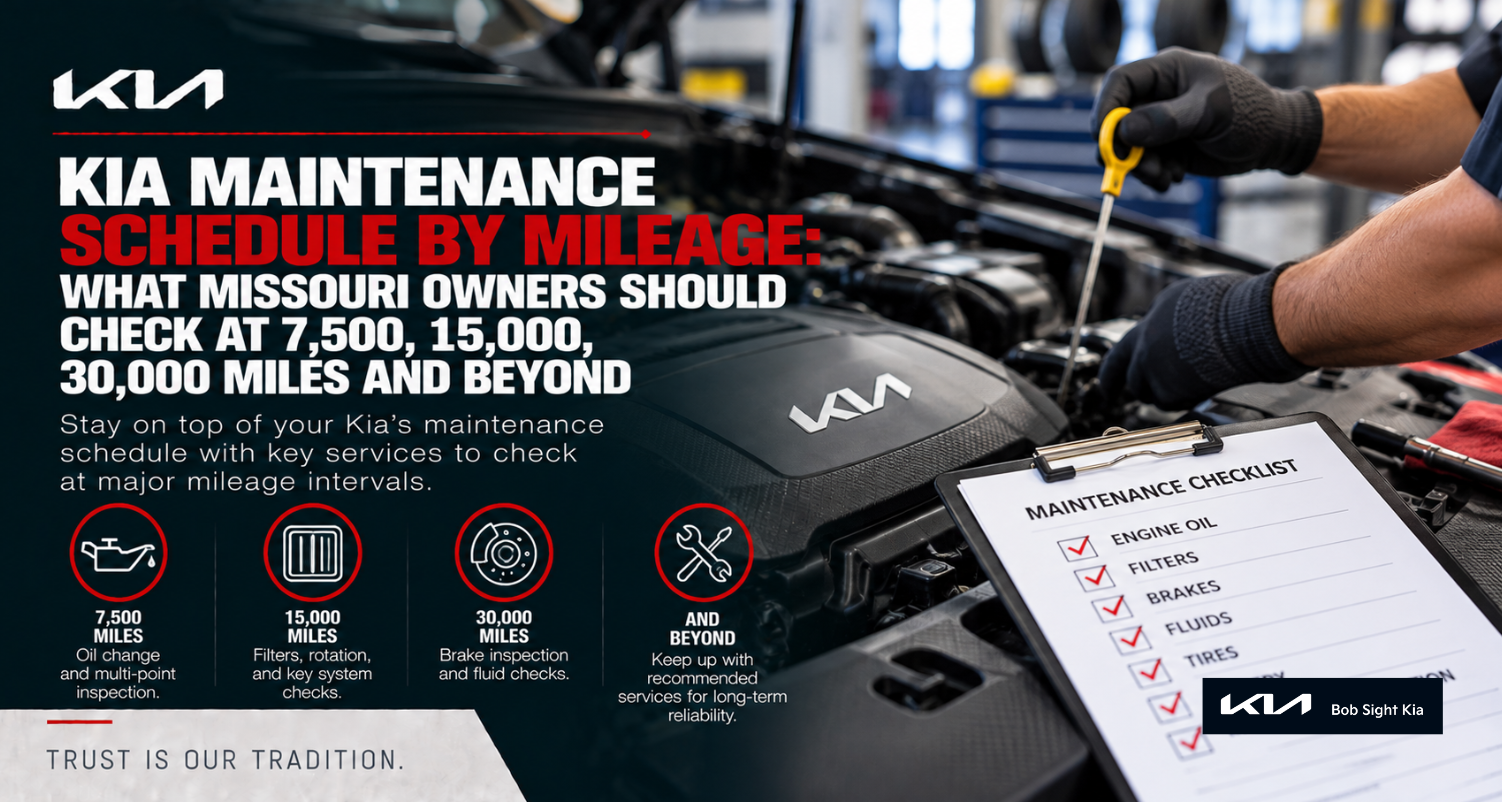 See Kia maintenance by mileage, including 7,500, 15,000, and 30,000-mile checkpoints for Independence and Missouri drivers.