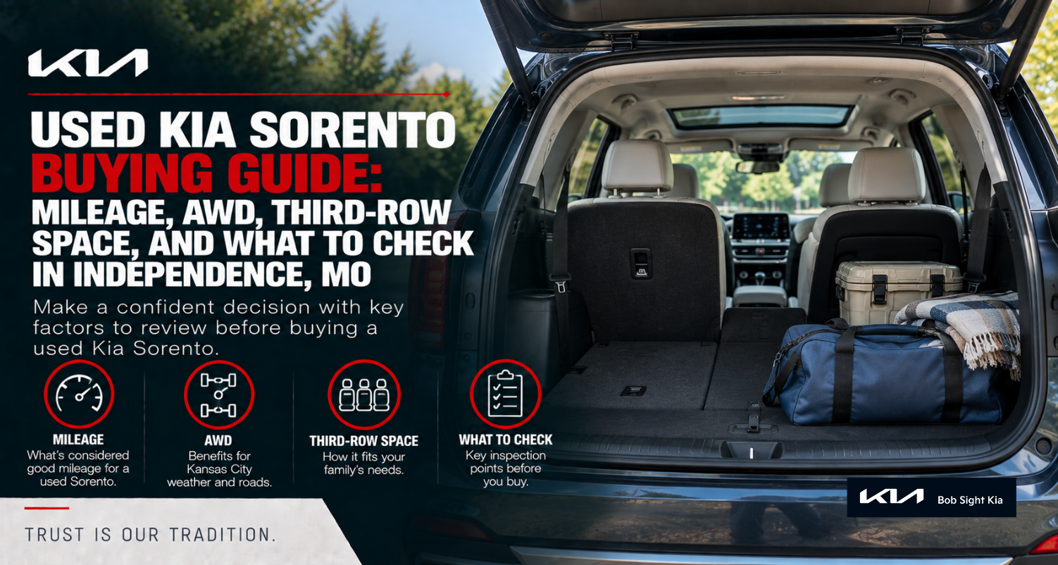 Shop smarter for a used Kia Sorento in Independence, MO with tips on mileage, AWD, third-row space, maintenance history, and inspections.