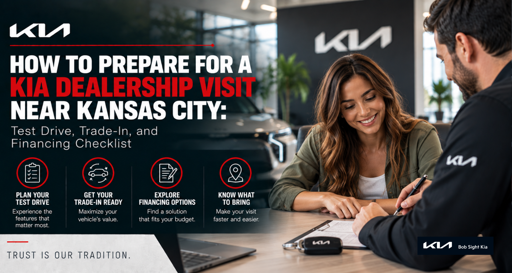 Kansas City shopper reviewing Kia test-drive, trade-in, and financing information before visiting Bob Sight Kia