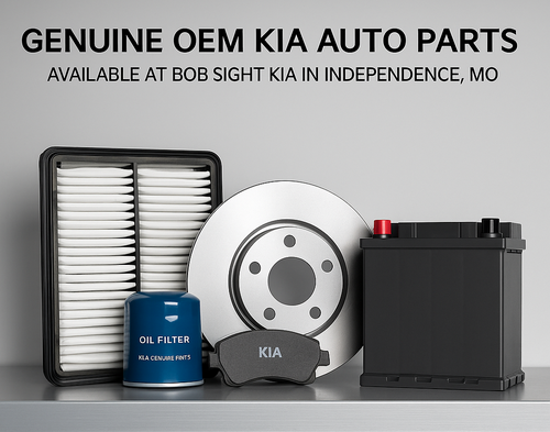 OEM Kia air filter, oil filter, brake rotor, and car battery available at Bob Sight Kia in Independence, MO