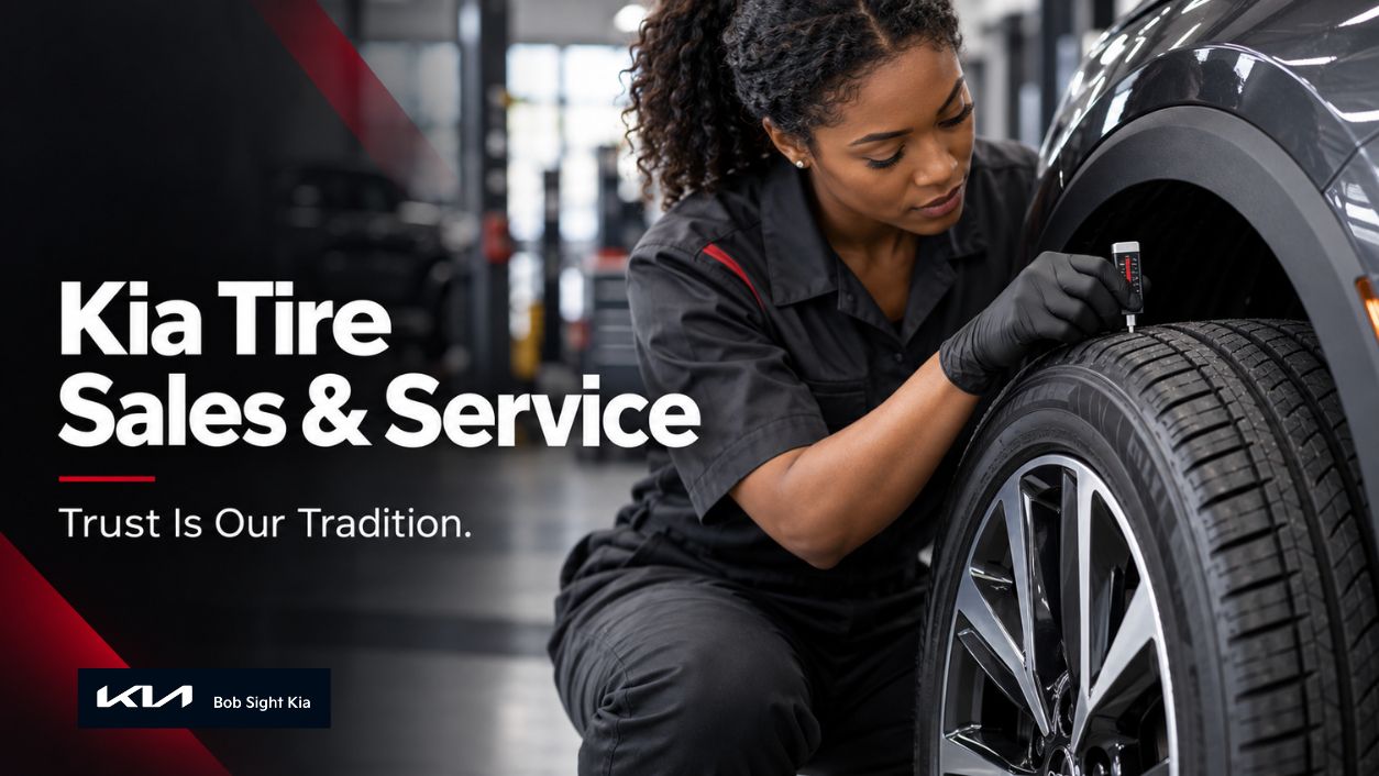 Technician checking tire tread depth beside a Kia wheel for the Bob Sight Kia tire sales and service page in Independence, MO.